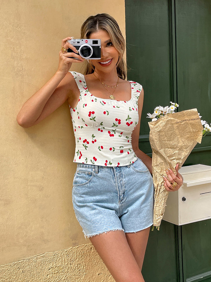 White Printed Wide Strap Top
