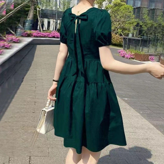 Green Back Bow Detailed Solid Mini Dress