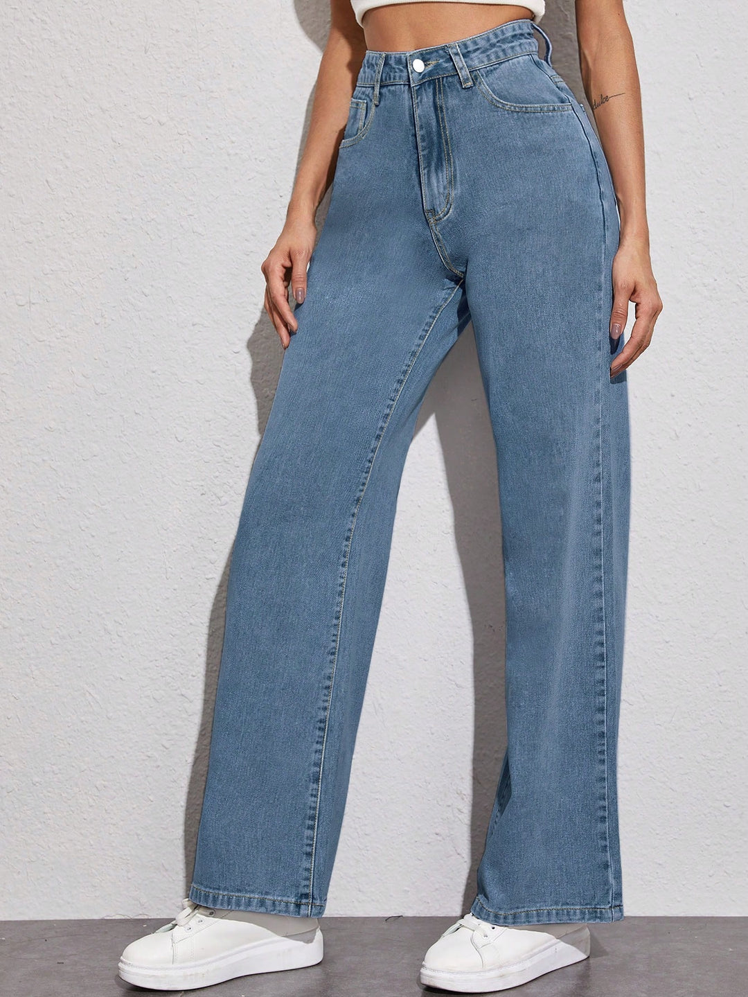 Blue Basic Tinted Wide Leg Jeans