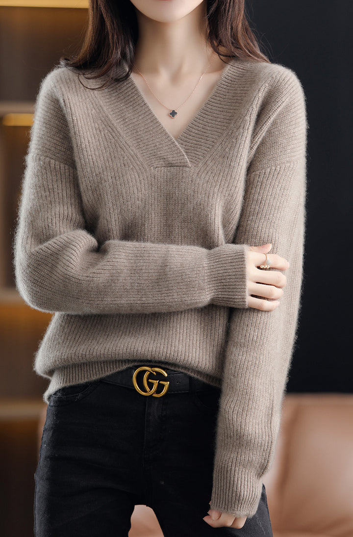 Taupe Full Sleeve V Neck Sweater