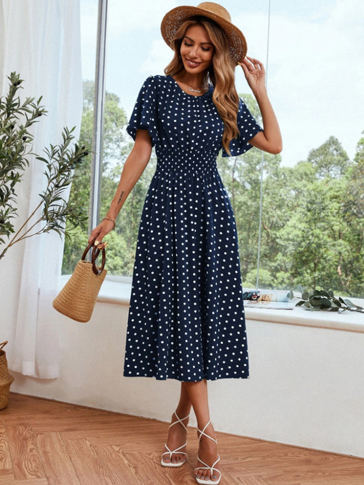 Navy Blue Printed Sinched Waist Dress