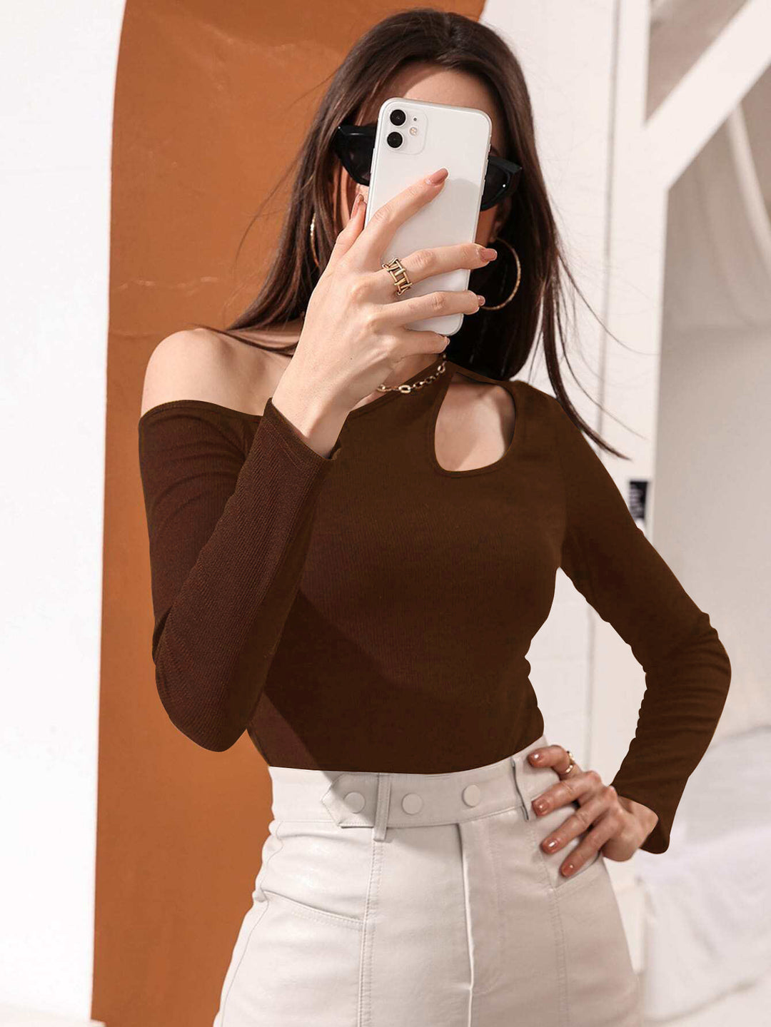 Brown Off-Shoulder Cut Out Sleeve Top