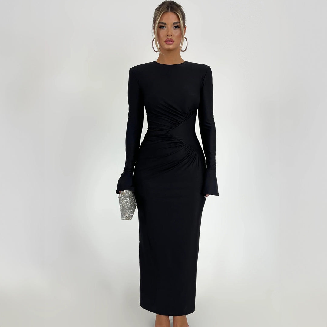 Black Full Sleeves Waist Detail Dress