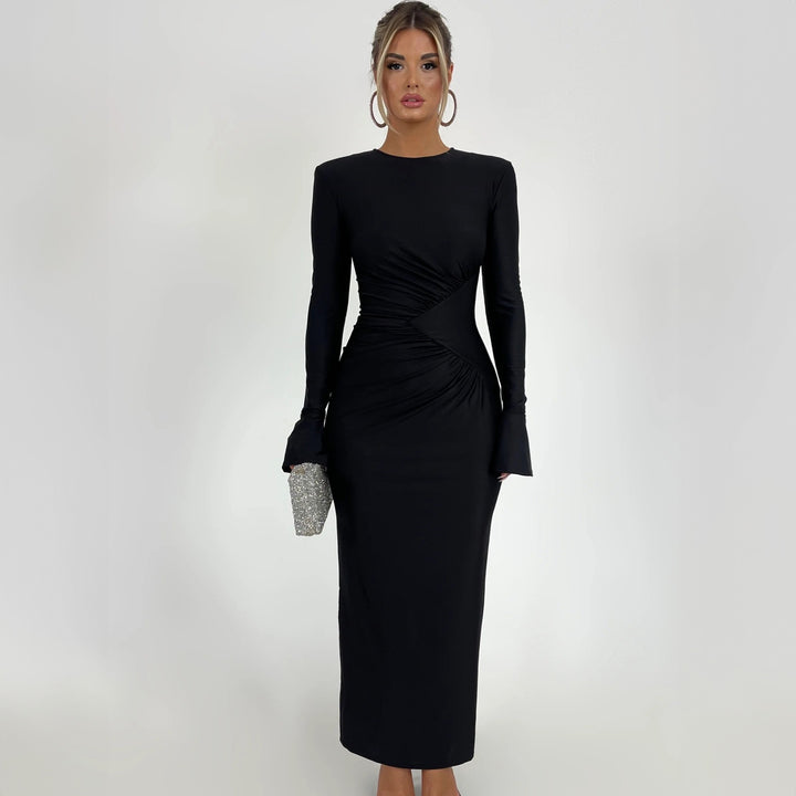 Black Full Sleeves Waist Detail Dress