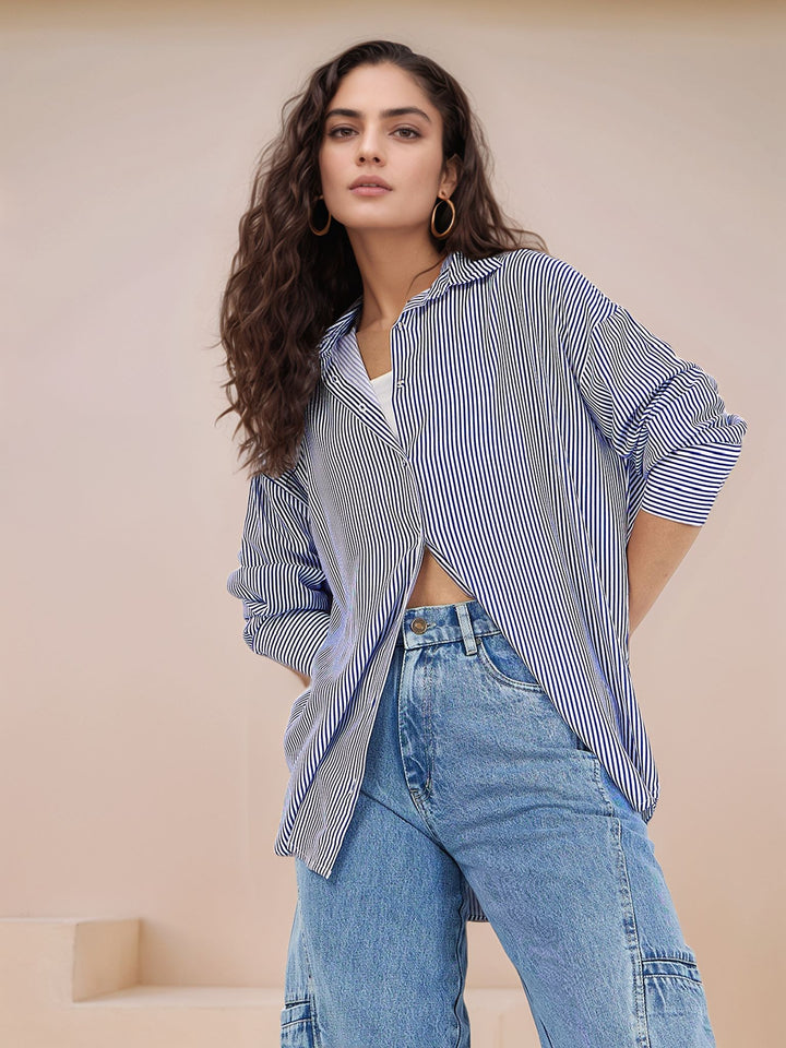 Blue Stripes Longline Collared Shirt