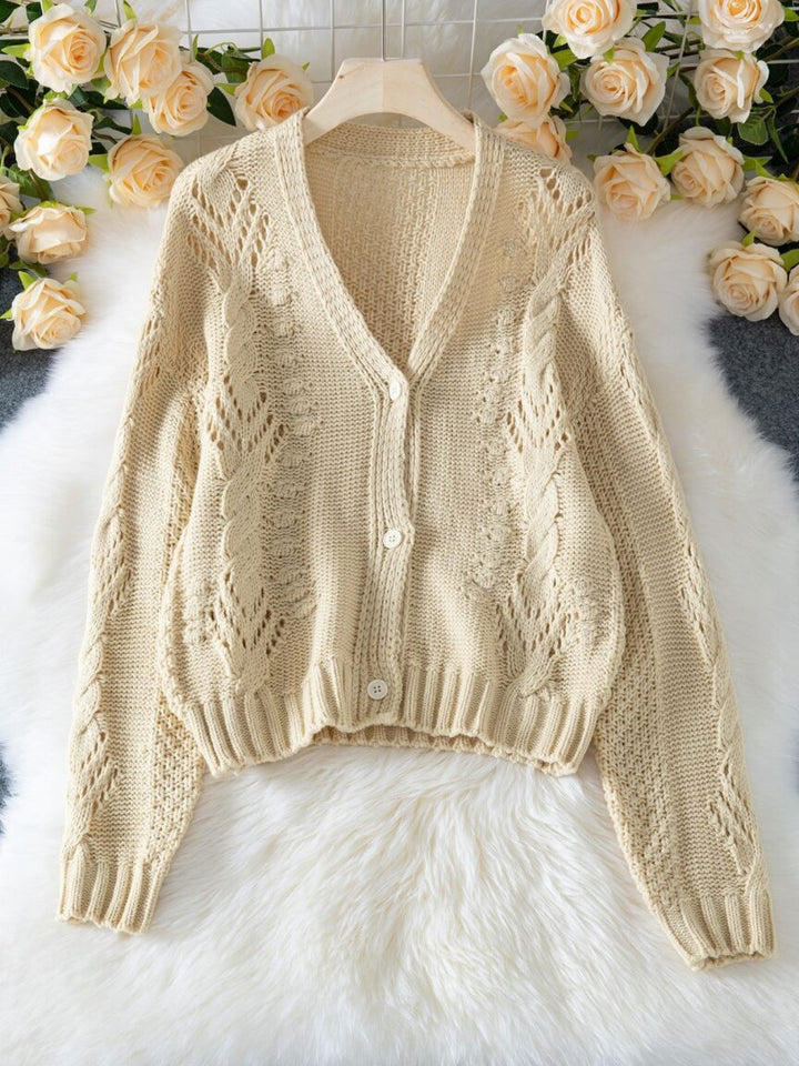 Beige Full Sleeves V Neck Textured Cardigan