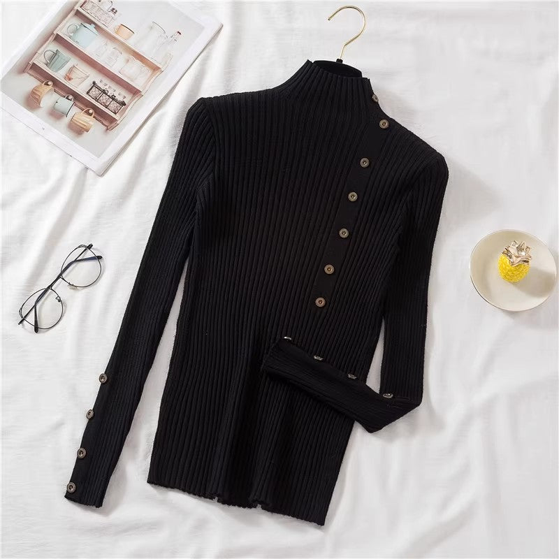 Black Full Sleeve Button Trim Fitted Sweaters