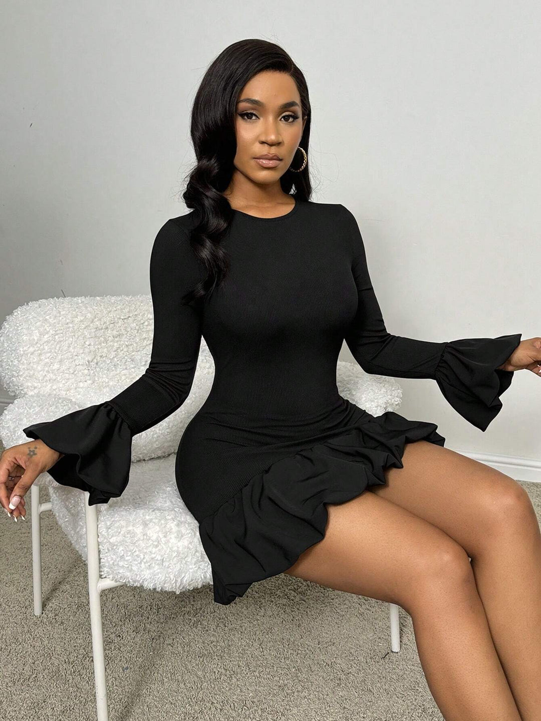 Black Full Sleeve Ruffle Hem Dress