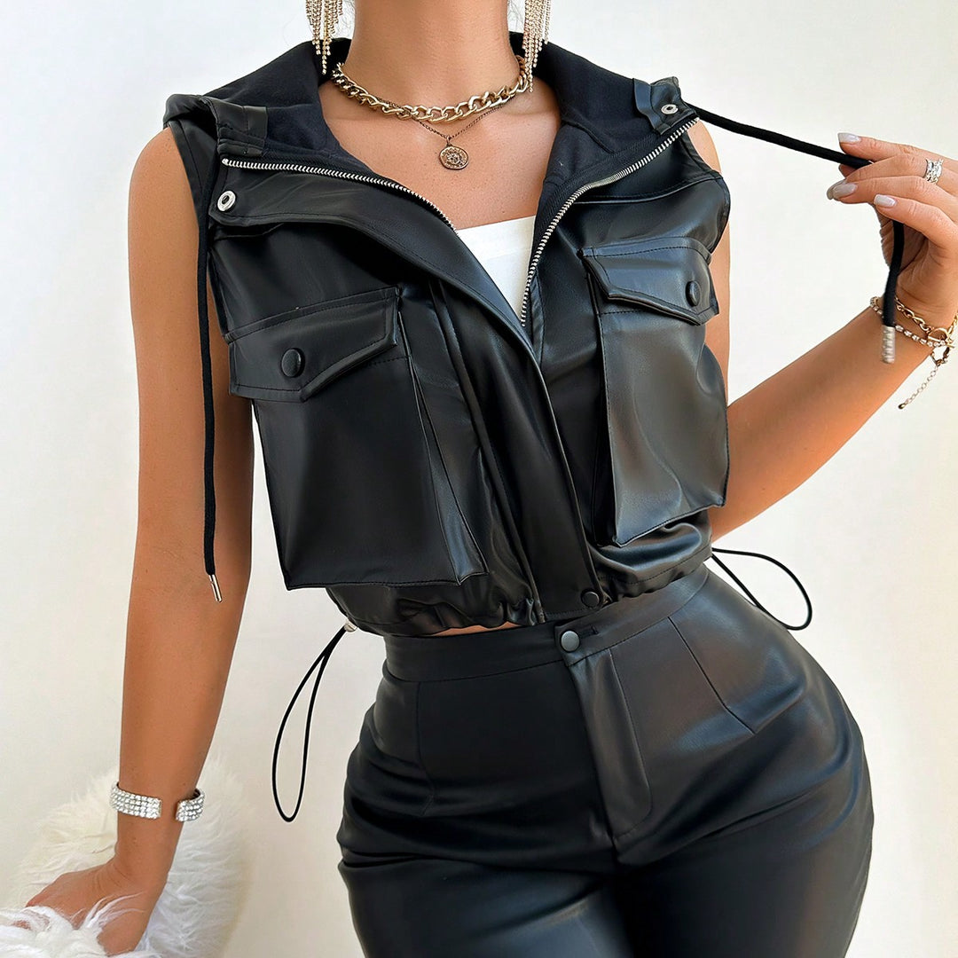 Black Sleeveless Double Pocket Drawstring Leather Jacket