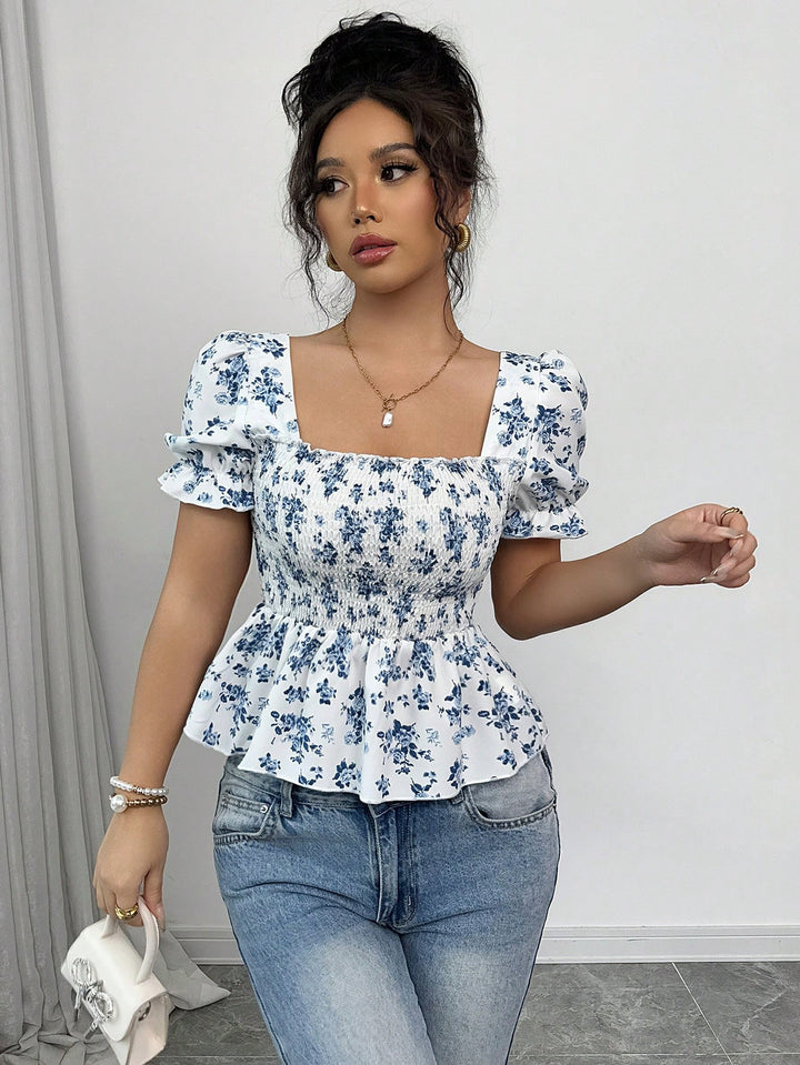 Blue Puff Sleeve Waist Fitted Flared Hem Top