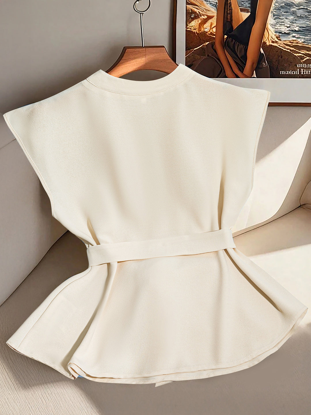Off White Sleeveless Front Pleated Belted Top