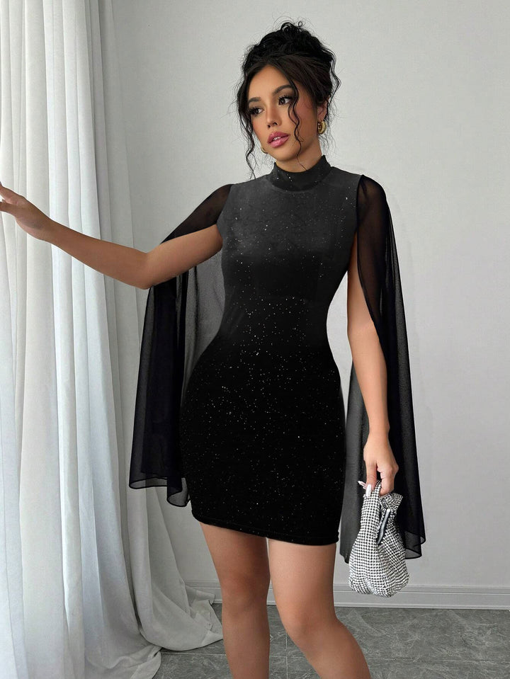 Black Cape Sleeve High Neck Shimmer Dress