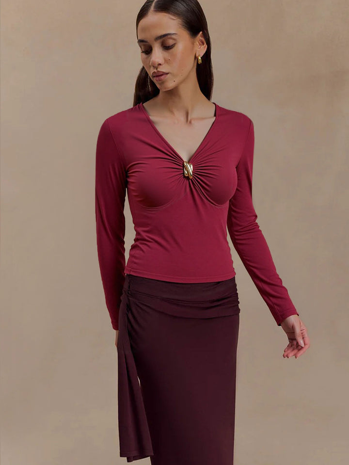 Red Full Sleeve Buckle Detail Top