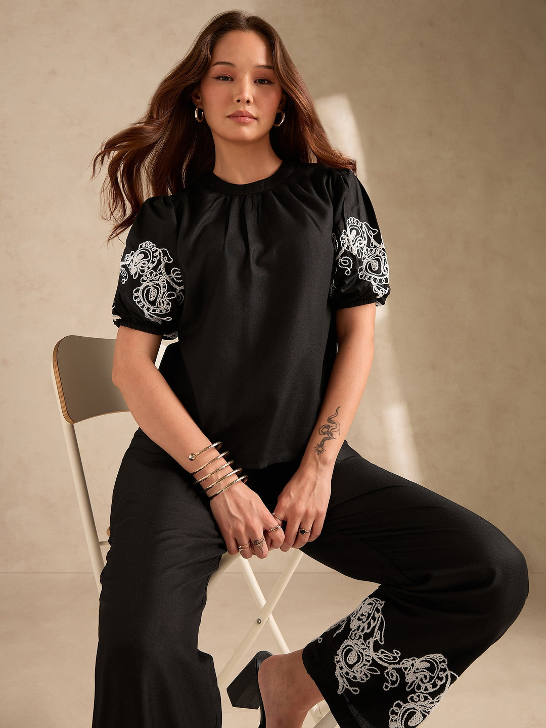 Black Co-Ord Set Embroidered Top With Straight Leg Trouser