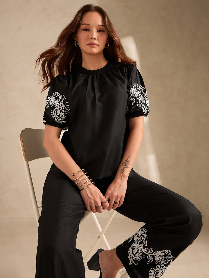 Black Co-Ord Set Embroidered Top With Straight Leg Trouser