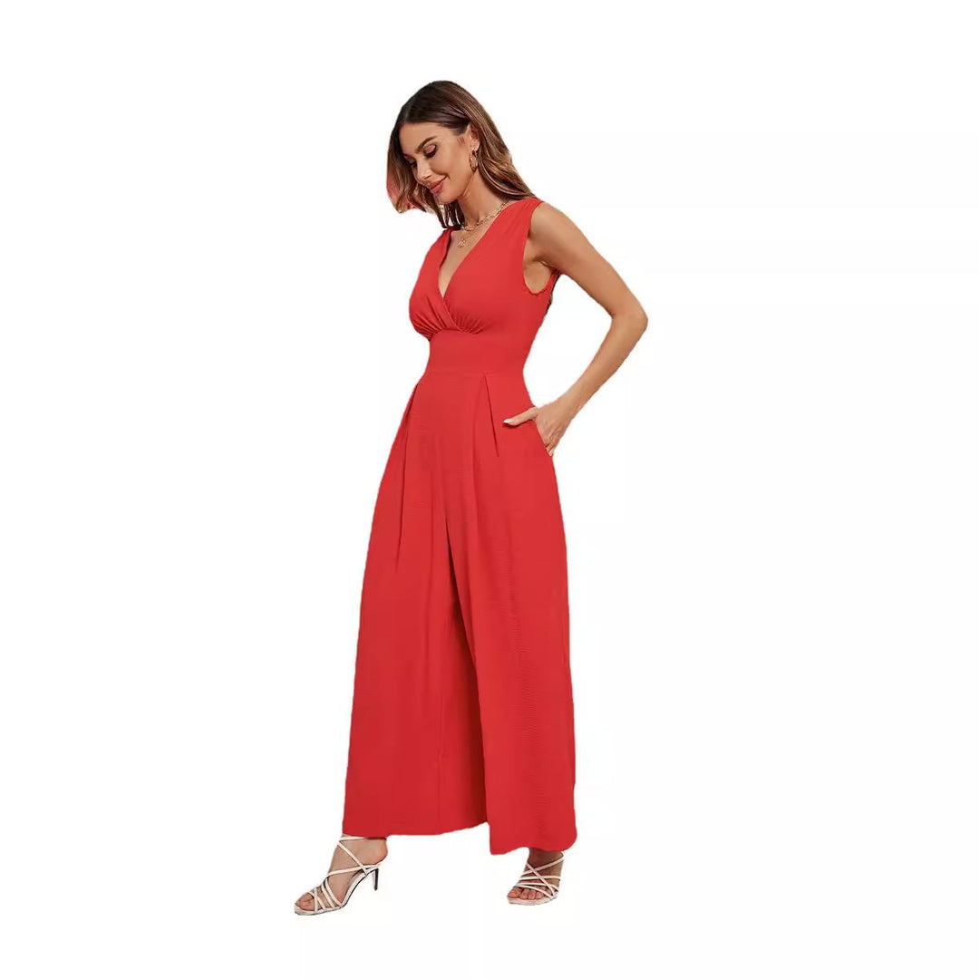 Red Wrap Neck Sleeveless Jumpsuit