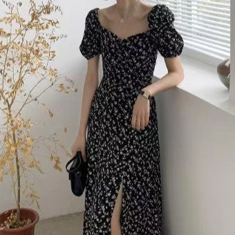 Black Dress With Smocking Slit And Puff Sleeves Detailing