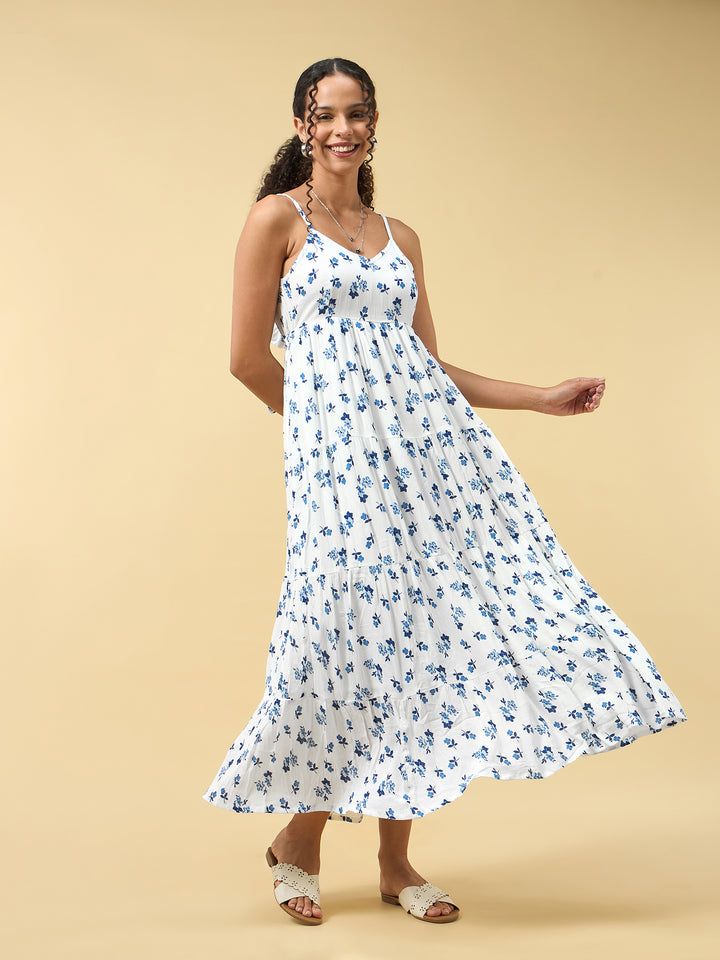 Blue A-Line Tiered Dress With Tie Up Detail At The Back