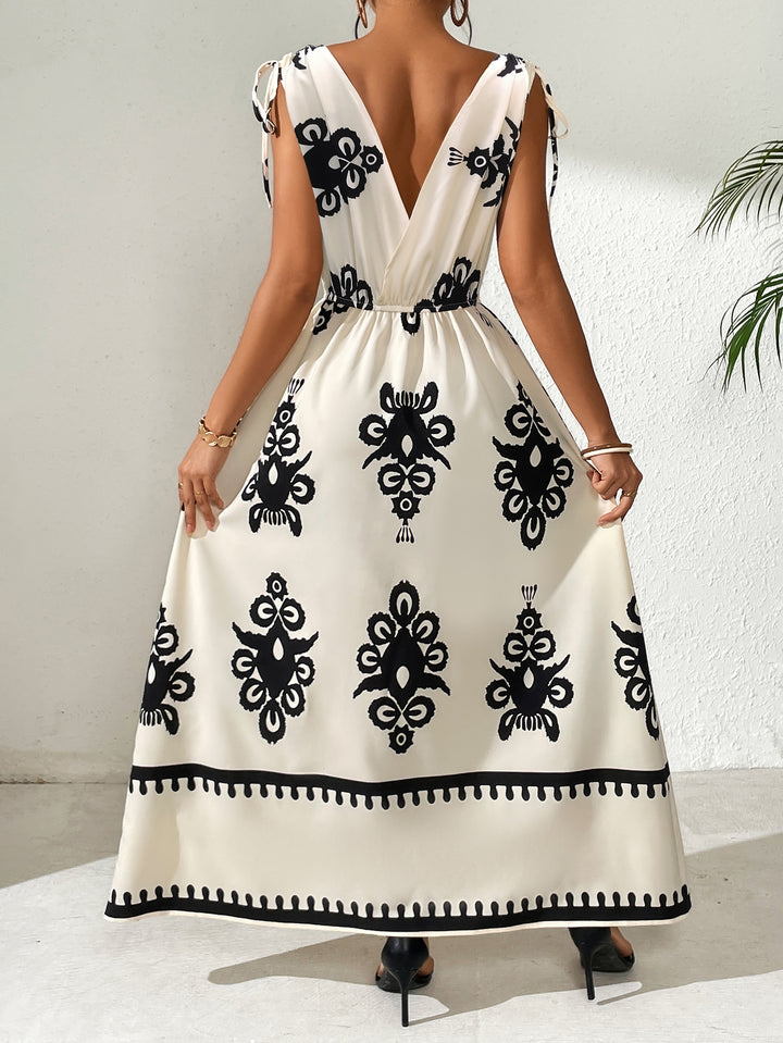 White Plunge Neck Printed Tie Up Dress