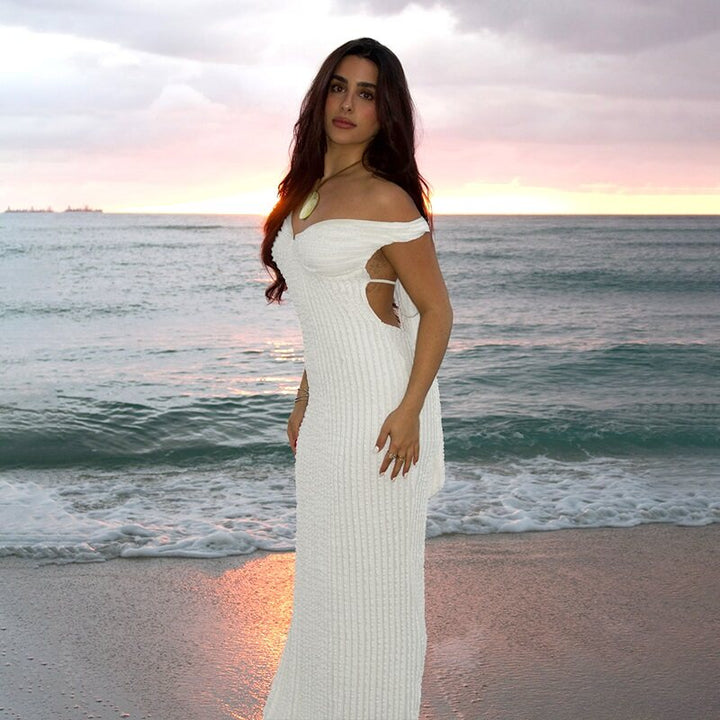 White Off-Shoulder Textured Beach Dress