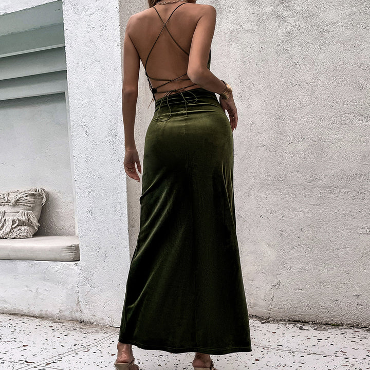 Green Halter Neck Back Tie-Up Detail Dress