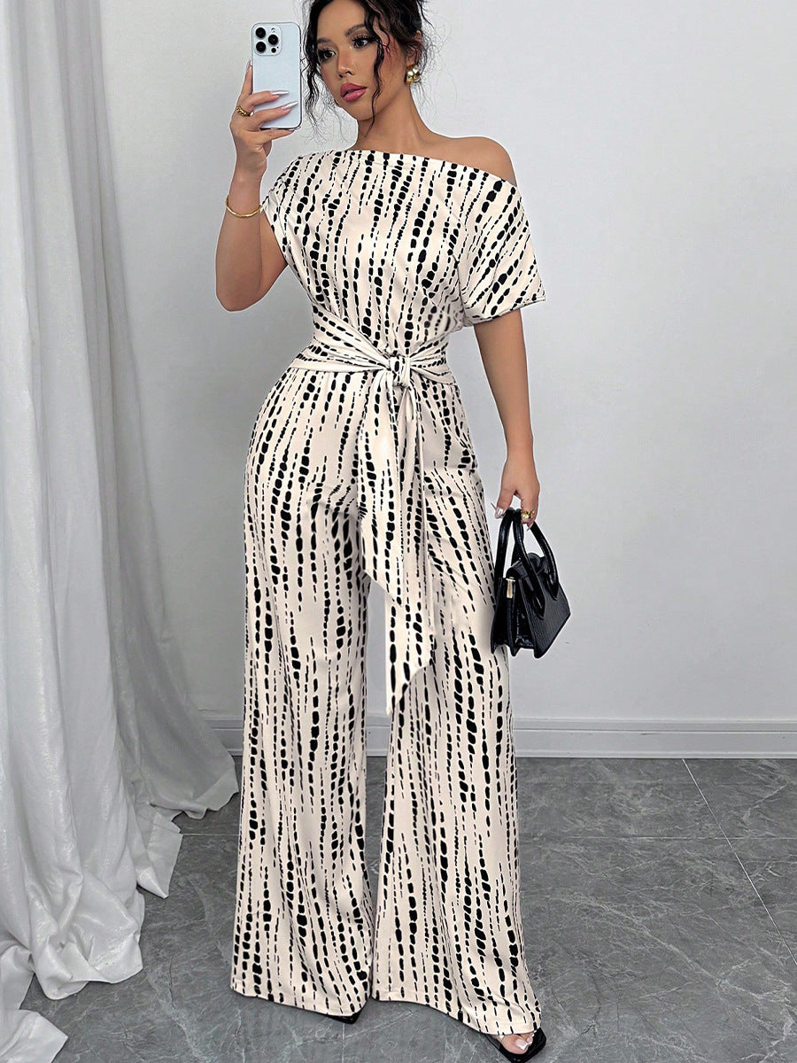Cream Printed Tie Up Jumpsuit