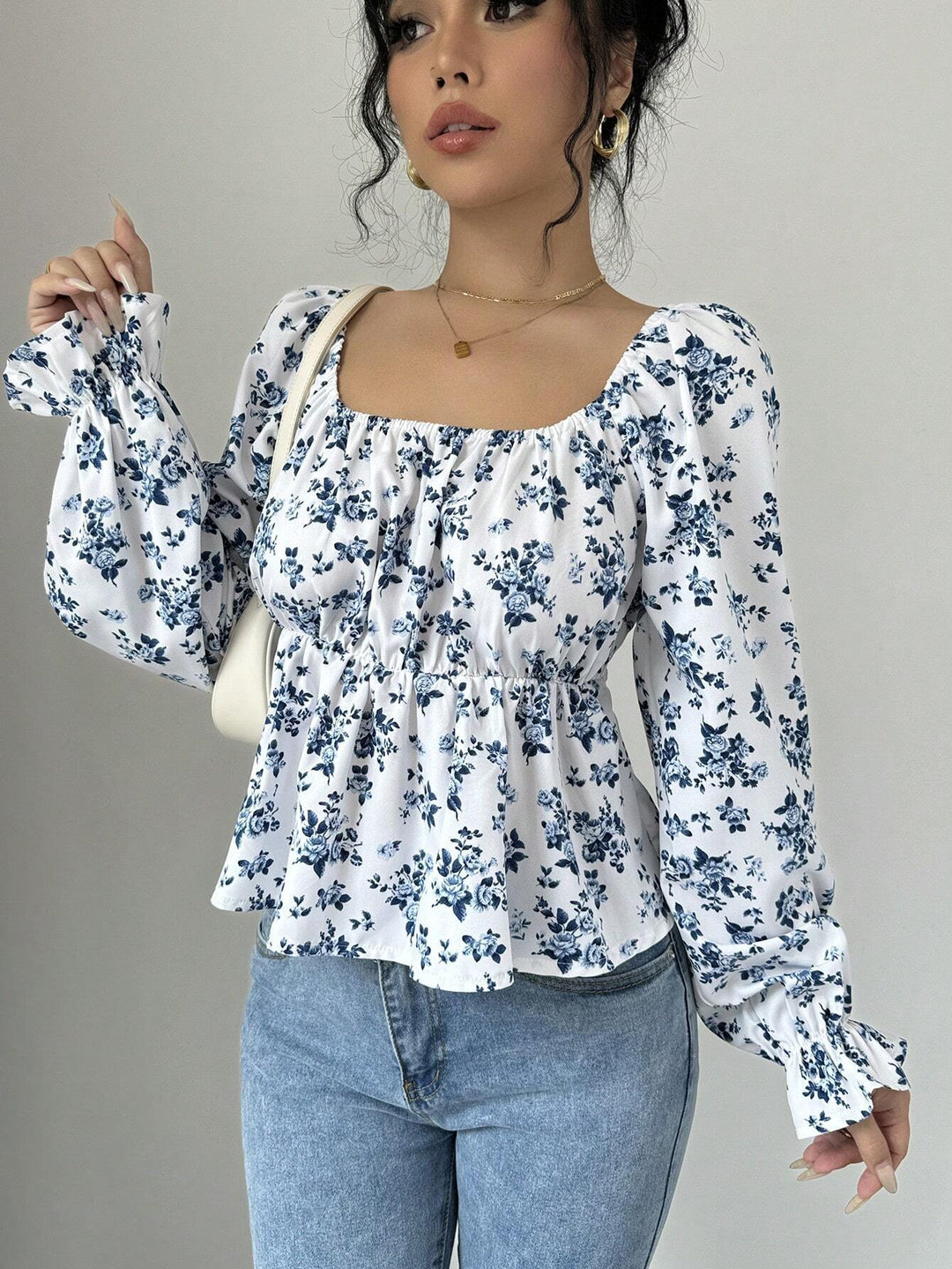 Blue Floral Printed Ruffle Top