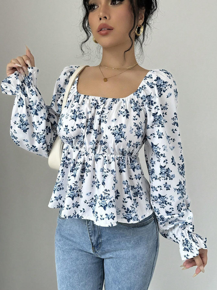 Blue Floral Printed Ruffle Top
