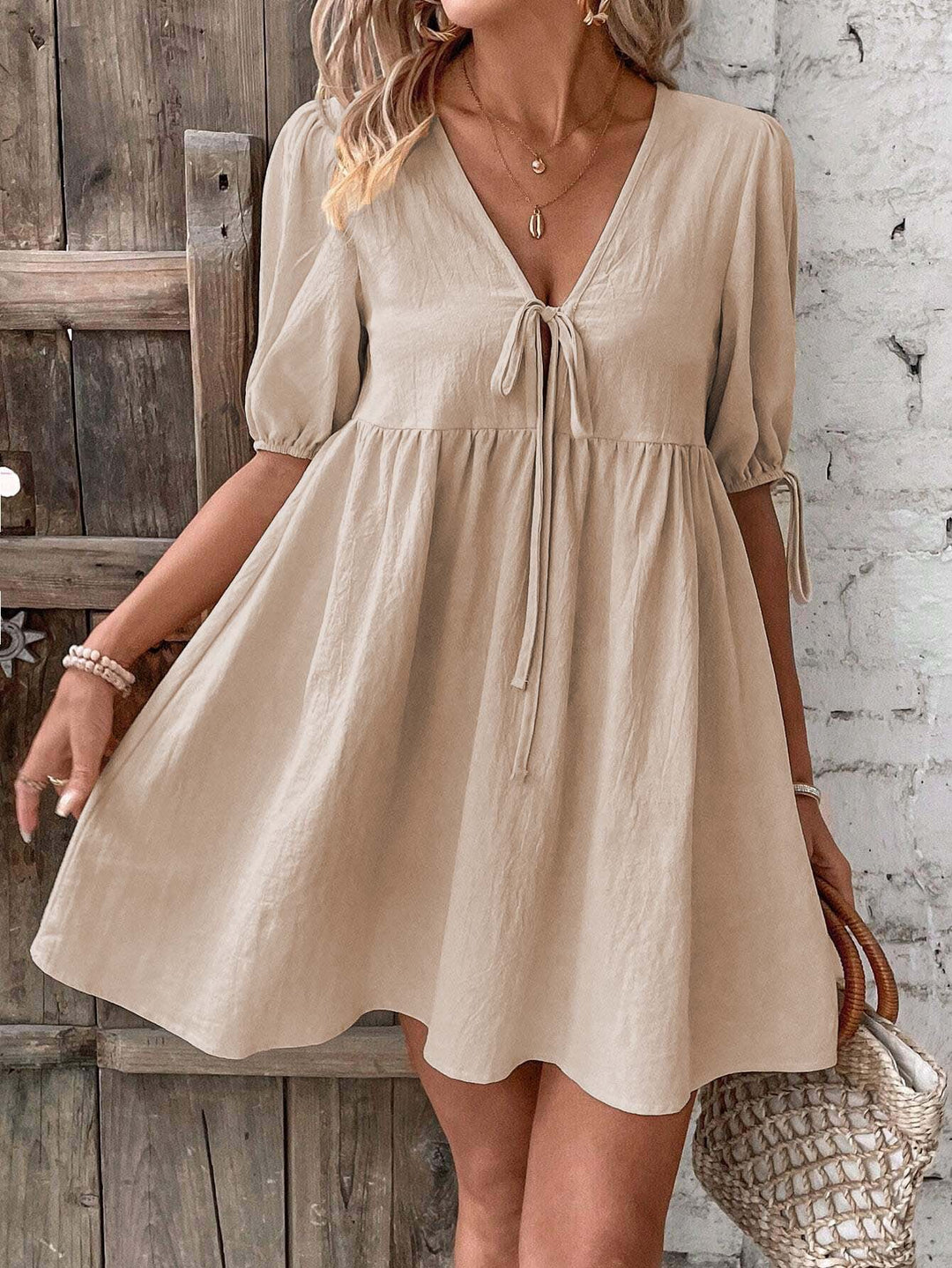 Khaki Front Tie Up Dress