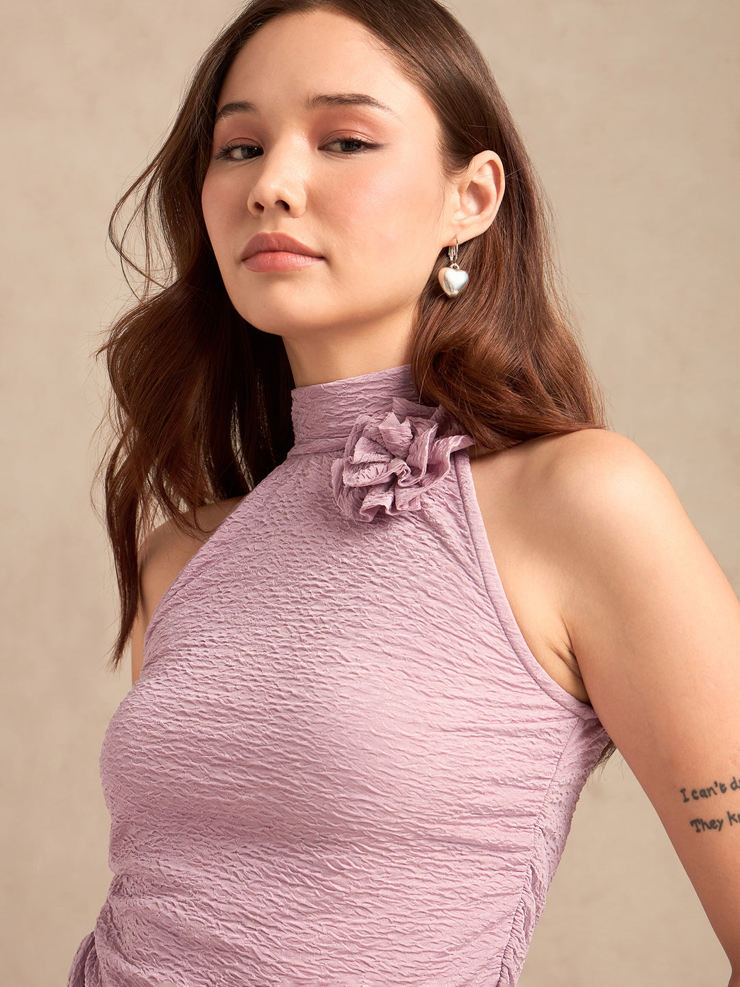 Pink Textured Solid Halter Neck Tank