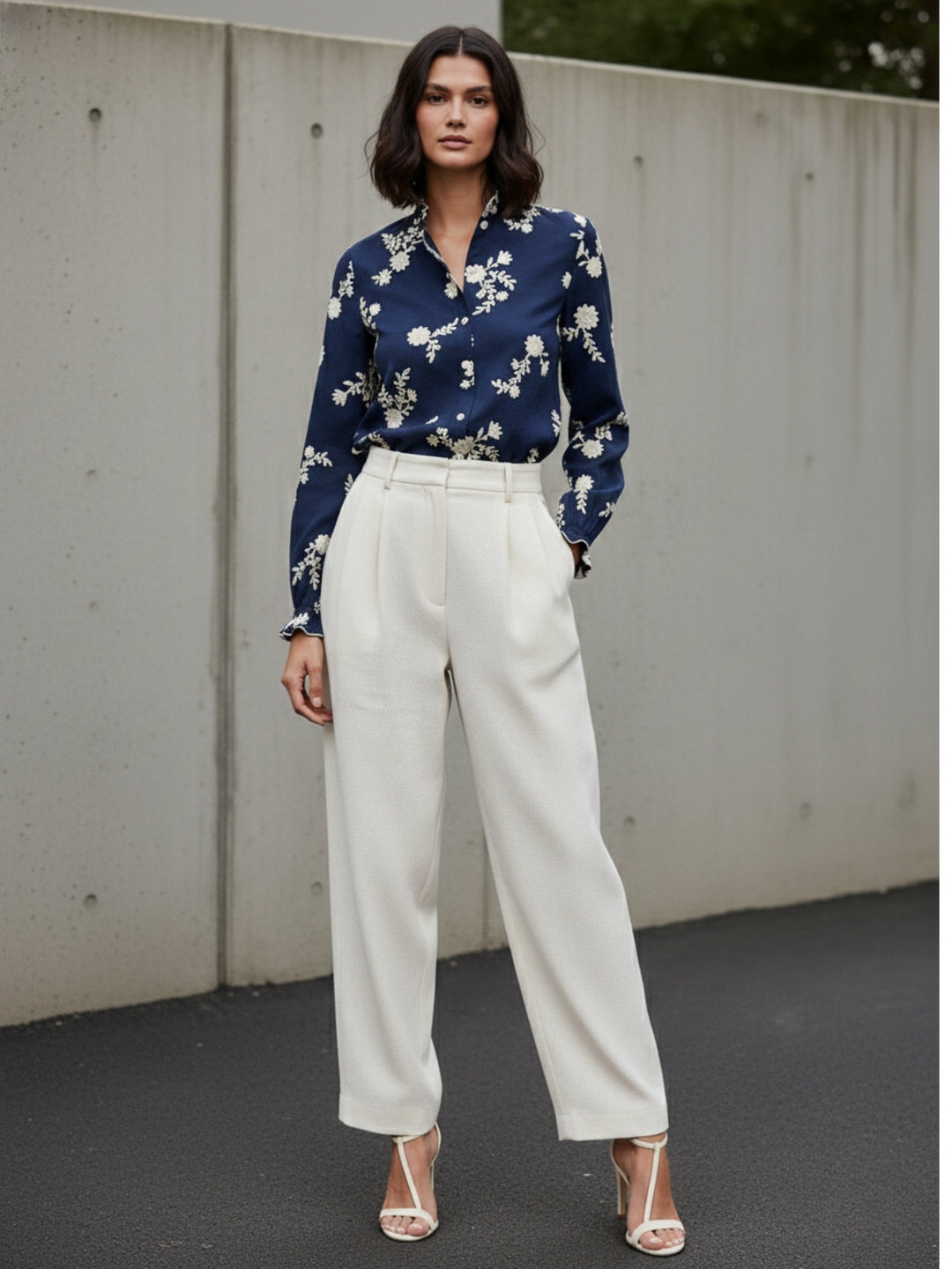 Navy Blue Bishop Sleeve Front Buttoned Embroidered Top