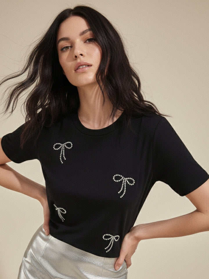 Black Embellished All Over Bows T-Shirt