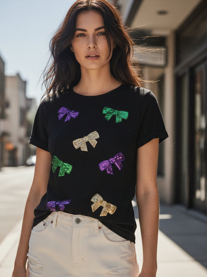 Black Sequined Bow Tshirt