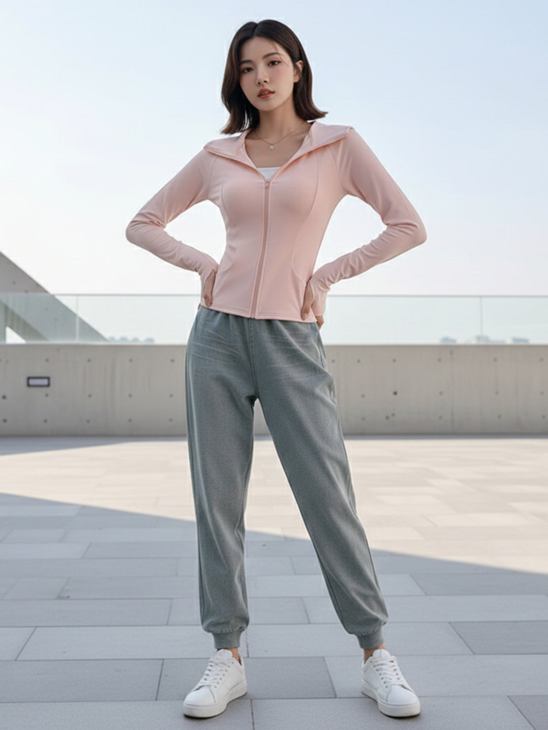 Pink Full Sleeves Front Zip Hooded Jacket