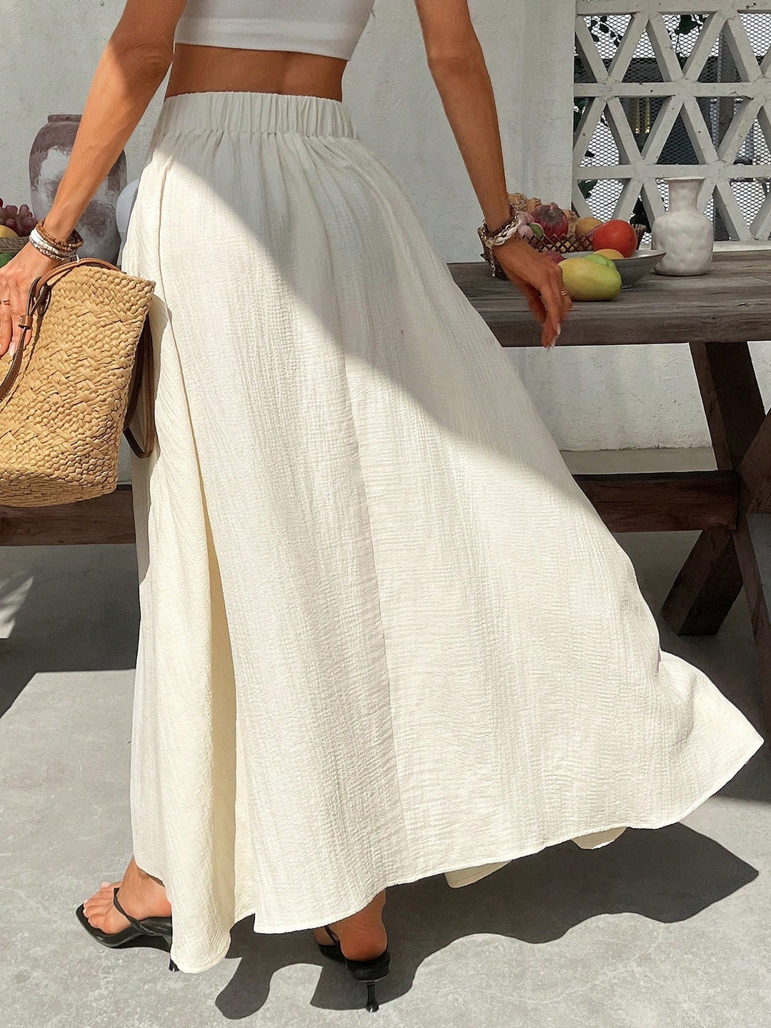 Cream Long High Waisted Flared Skirt
