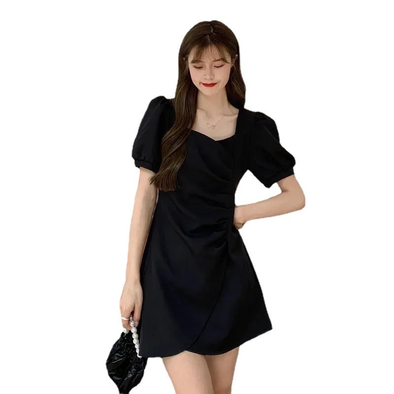 Black Sweatheart Neck Waist Gathered Skater Dress