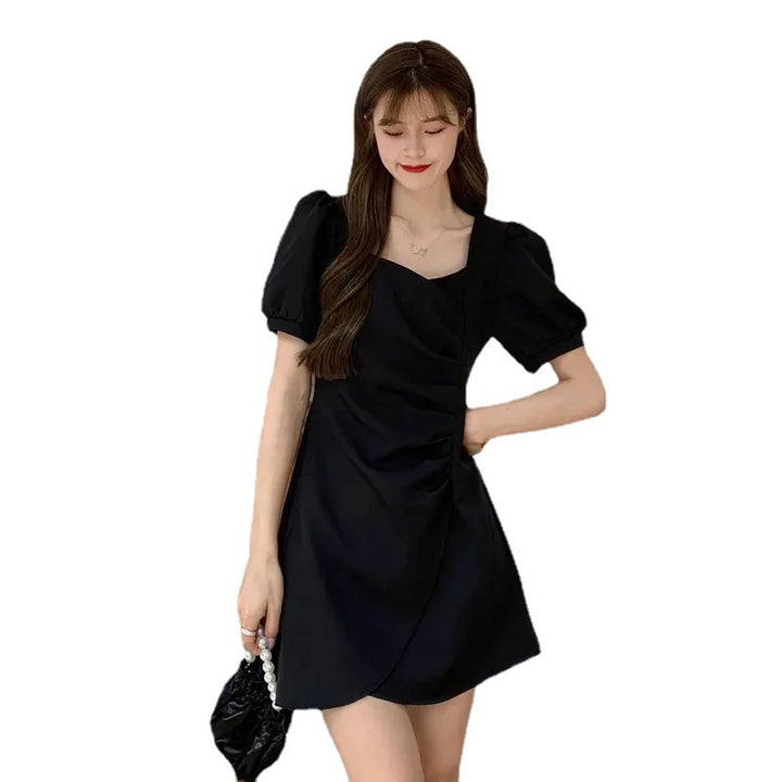 Black Sweatheart Neck Waist Gathered Skater Dress