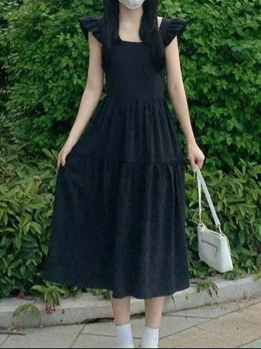 Black Fit And Flare Tier Dress With Ruffle
