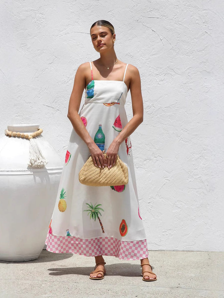White Fruit Print Fit And Flare Maxi Dress