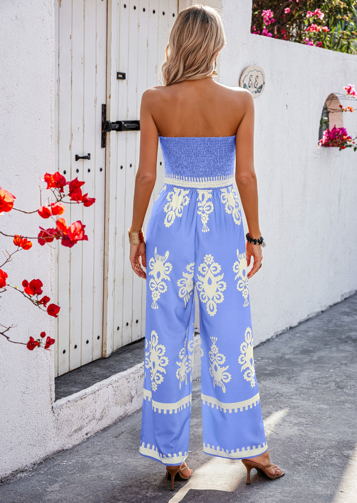 Blue Strappy Printed Wide Leg Jumpsuit