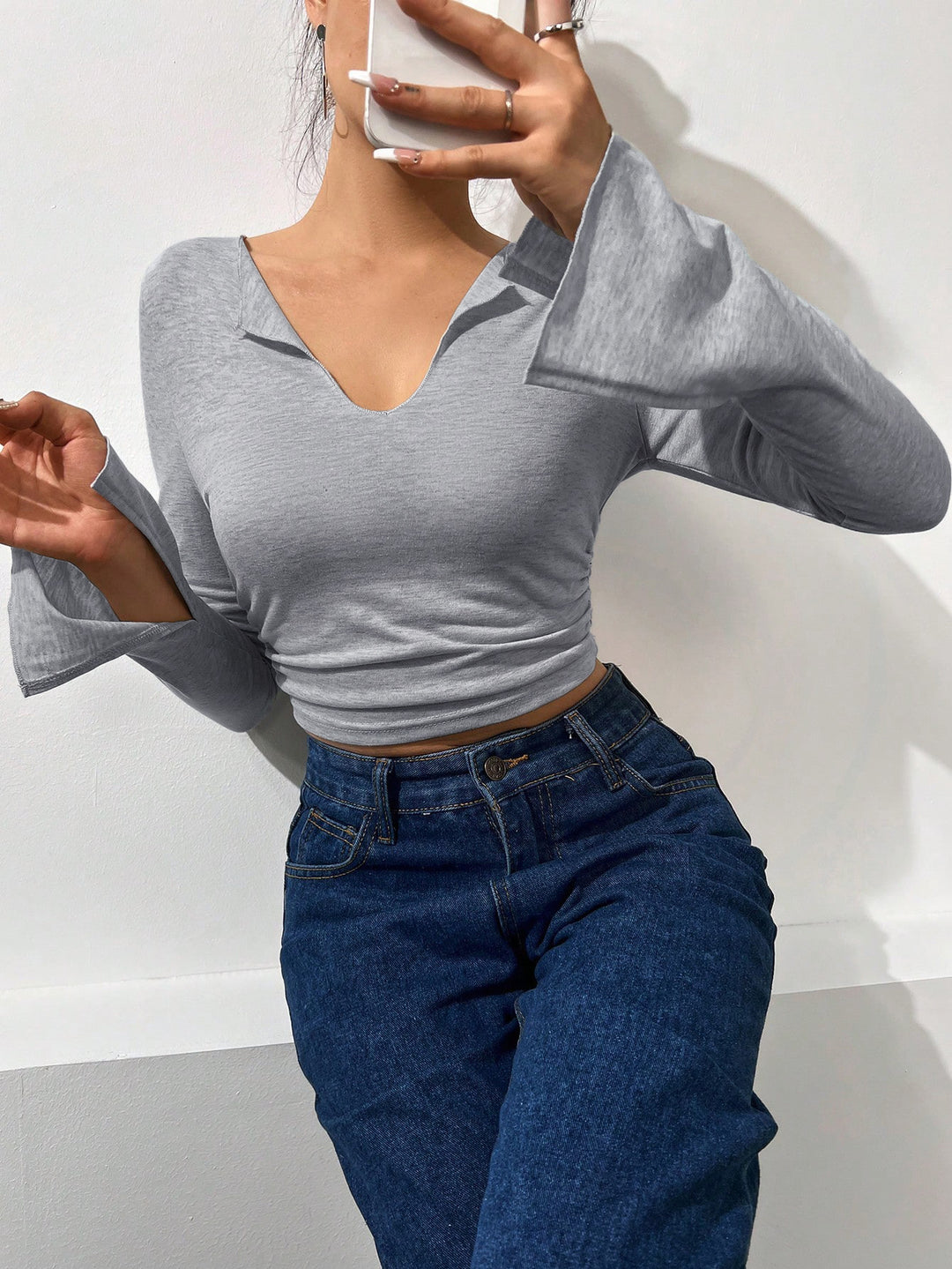 Grey Basic V Neck Full Sleeve With Slit Top