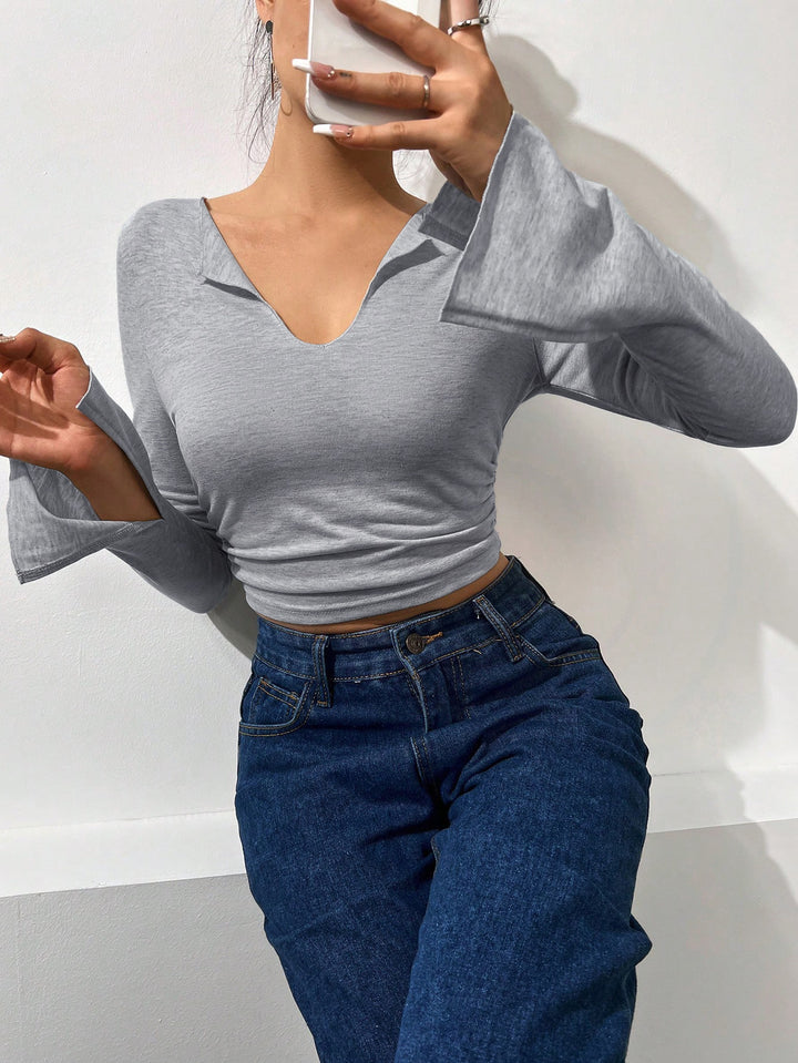 Grey Basic V Neck Full Sleeve With Slit Top