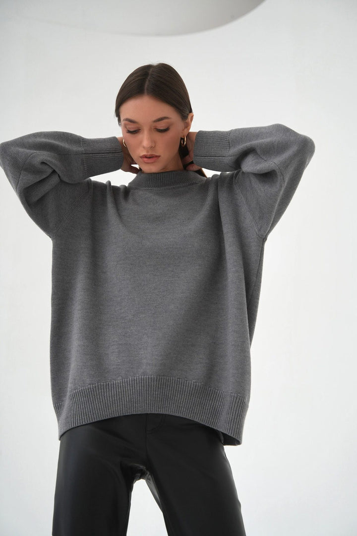 Grey Relaxed High Neck Solid Sweater