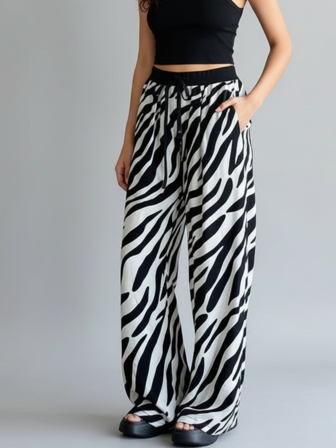 Black Wide Leg Animal Print Pants