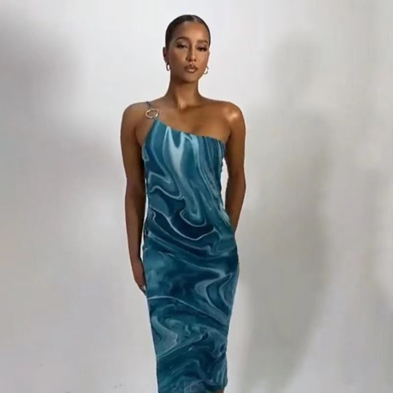 Blue One Shoulder Metal Ring Strap Dress