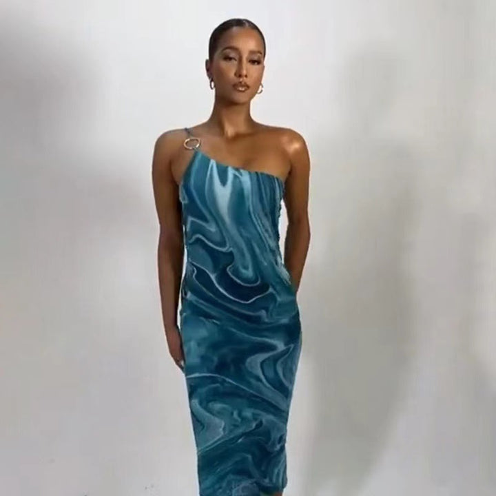 Blue One Shoulder Metal Ring Strap Dress