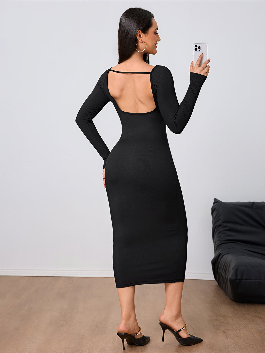Black Full Sleeve Round Neck Back Detail Dress