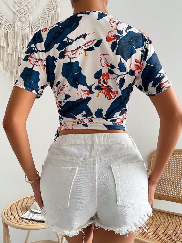 White Short Sleeve Wrap V Neck Top