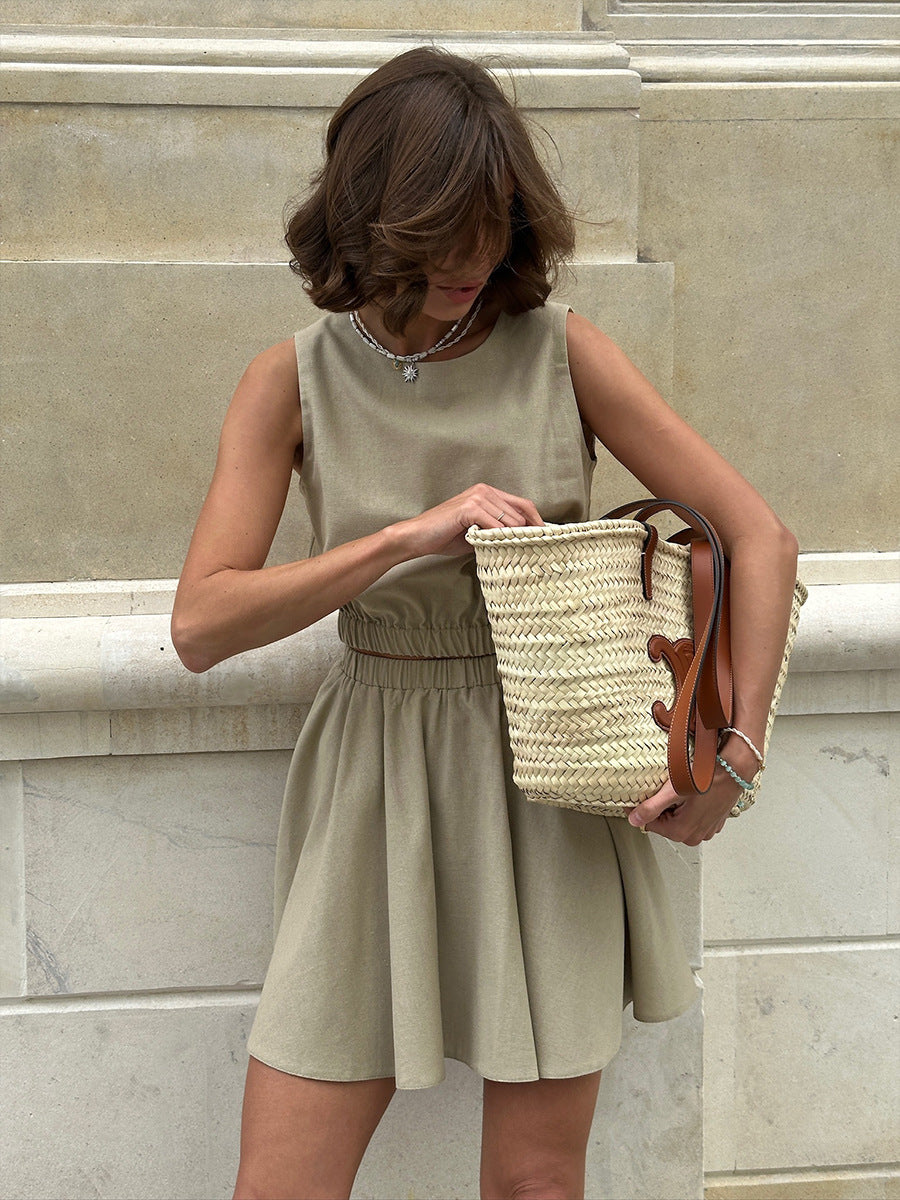 Khaki Sleeveless Waist Elastic Top And Flared Skirt Set