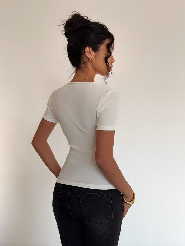 Off White Metal Buckle Short Sleeve Top